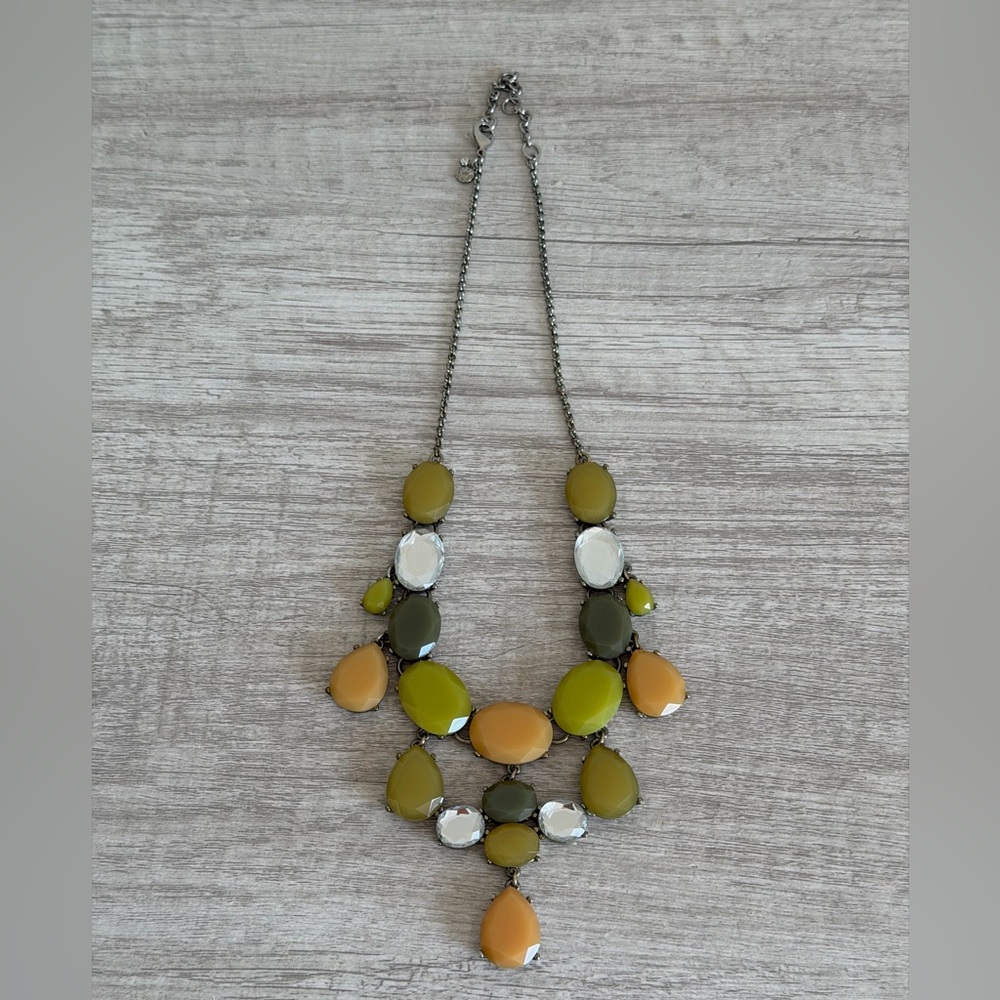 J.Crew Faceted Stone Statement Necklace Olive Green Silver Tone
